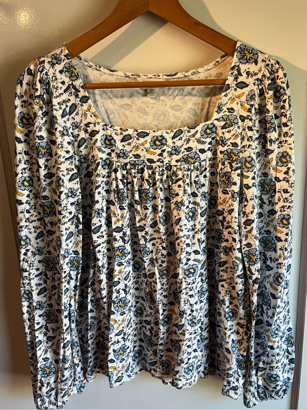 Lucky Brand Women’s Square Neck Long Sleeve Cotton Blend Floral Blouse, Size M